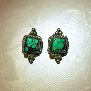 Vintage Navajo Kingman Turquoise Sterling Silver 925 Earrings bezel setting 🔥🔥